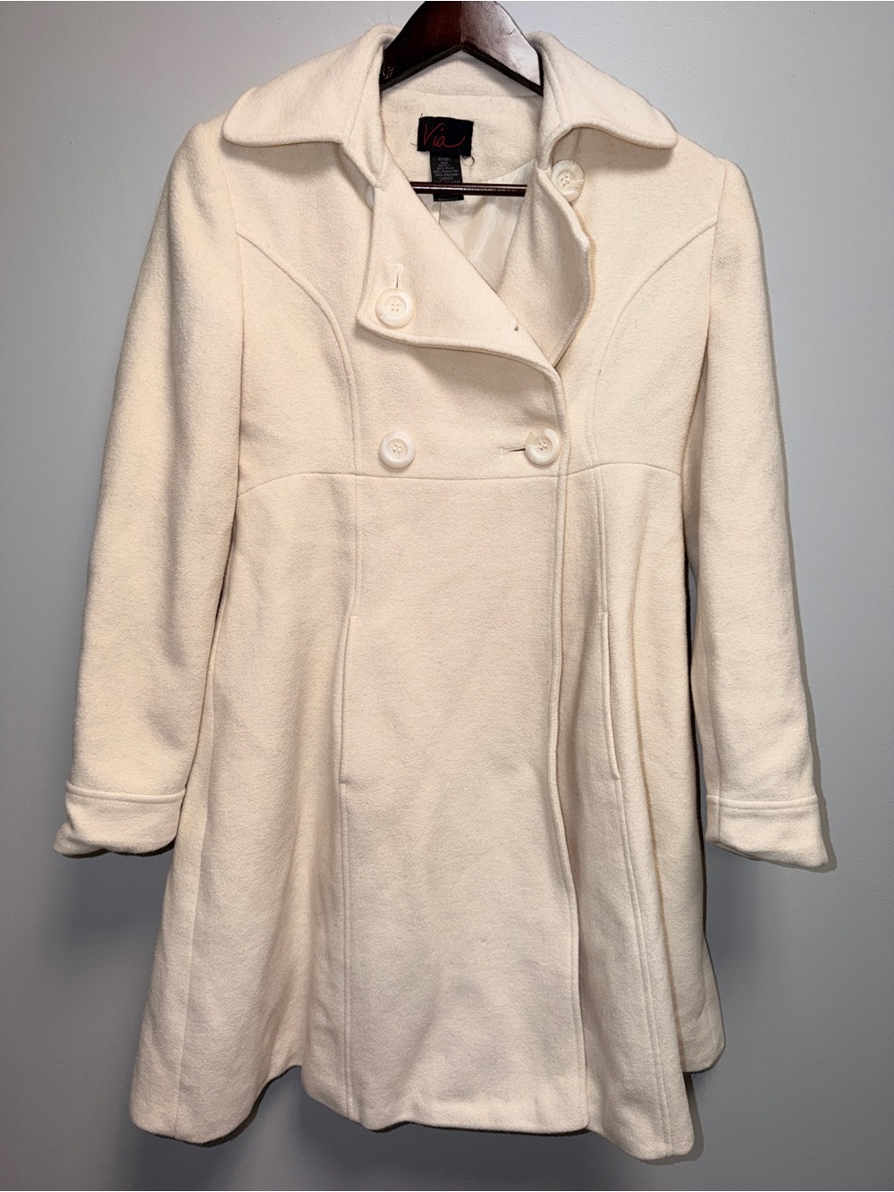 Via Women’s Cream Wool Blend Double Breasted Peacoat Trench Coat Size 2